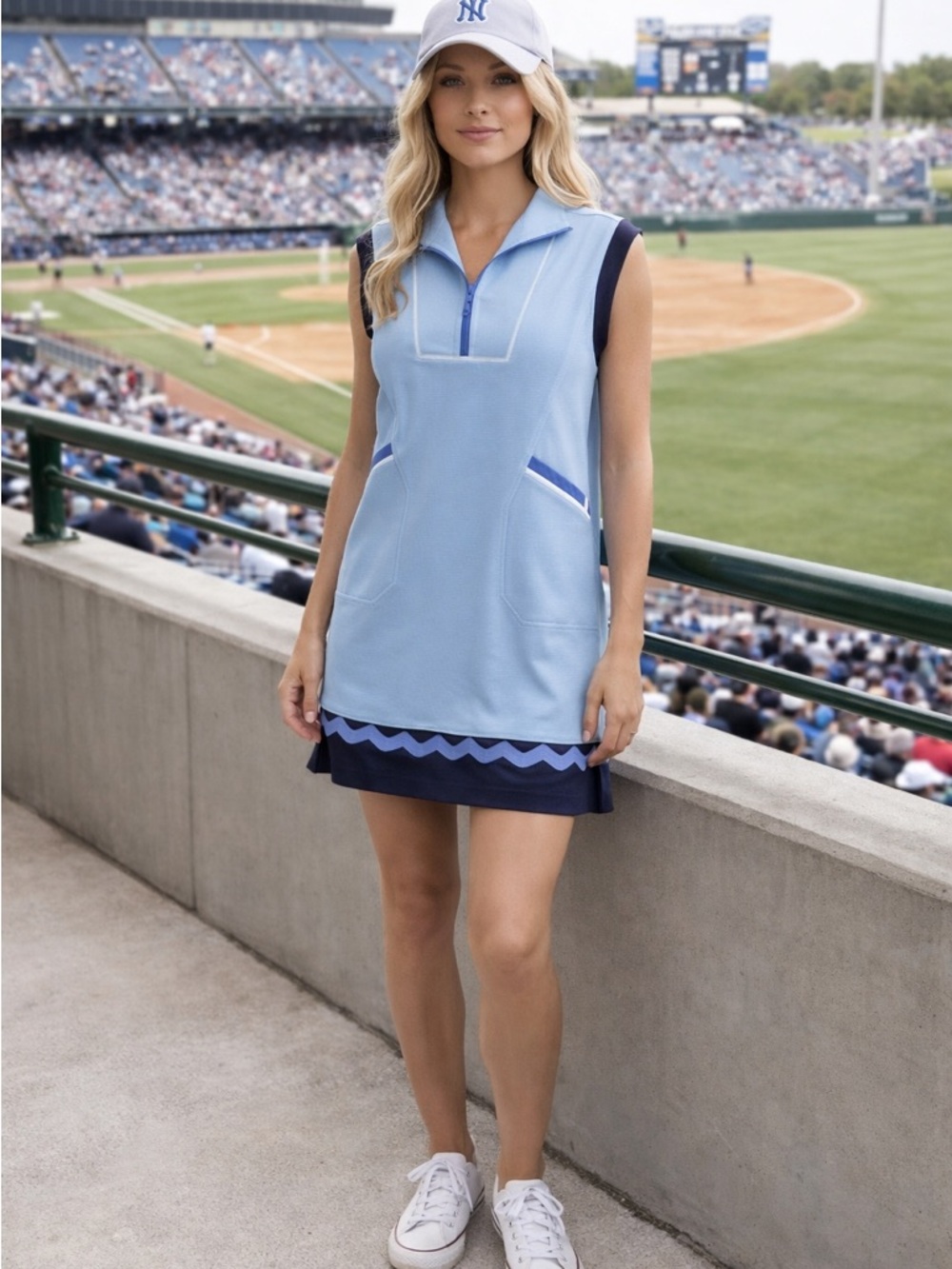 Simply Southern Light Blue & Navy Sleeveless Polo Dress with Scallop Trim